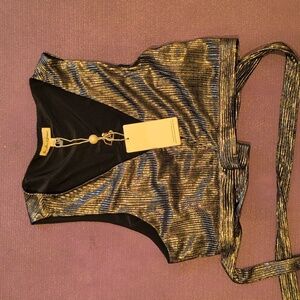 For Love and Lemons New Tie Front Metallic Crop Top size L silver Party Holiday